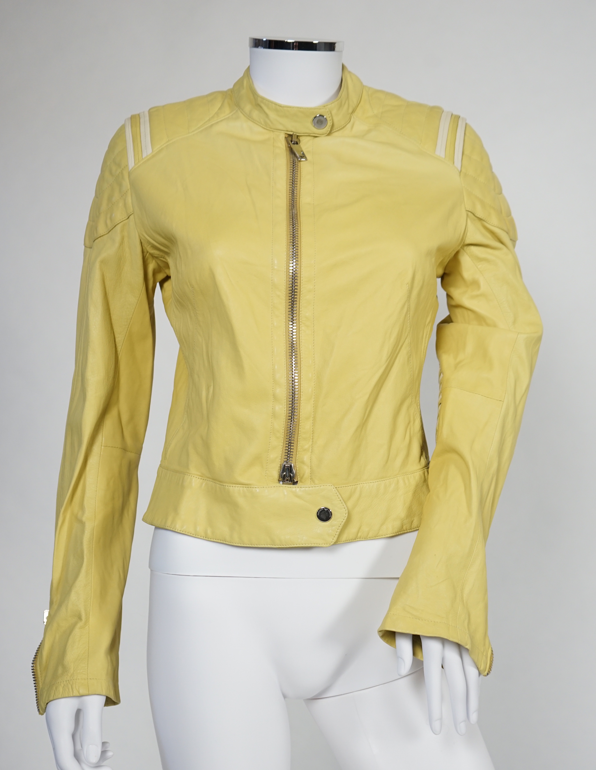 Two Emporio Armani lady's black jackets and one yellow leather biker jacket, long jacket size EU 40, both the others are size EU 42